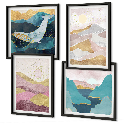 Set of 4 wall art pieces Abstract mountains sun