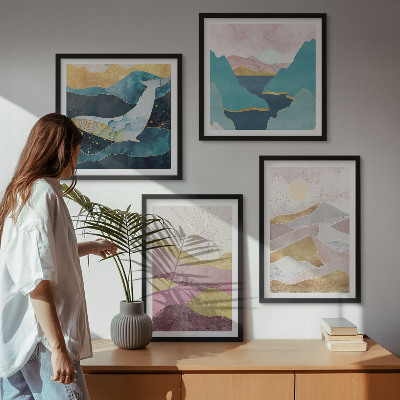 Set of 4 wall art pieces Abstract mountains sun