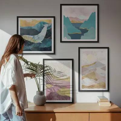 Abstract mountains sun wall art set of 4 pieces