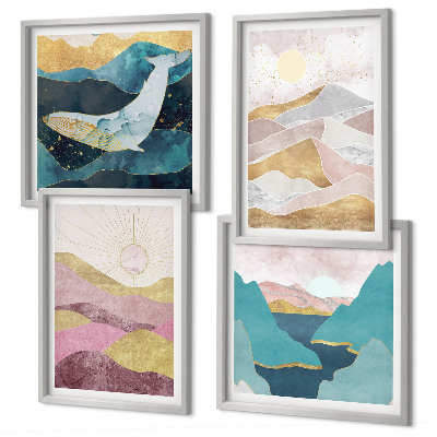Set of 4 wall art pieces Abstract mountains sun