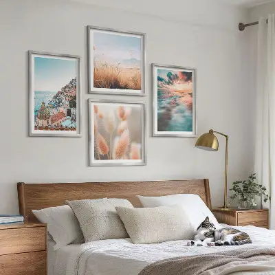 Multi-piece wall decor set featuring a sea sunset with houses and flowers