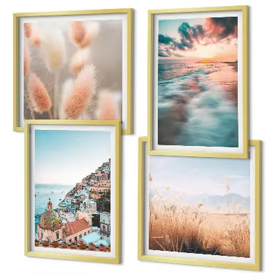Multi-piece wall decor set featuring a sea sunset with houses and flowers