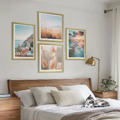 Multi-piece wall decor set featuring a sea sunset with houses and flowers