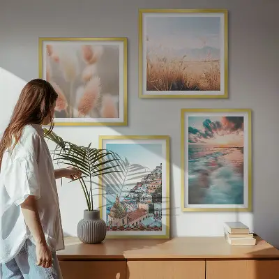 Multi-piece wall decor set featuring a sea sunset with houses and flowers