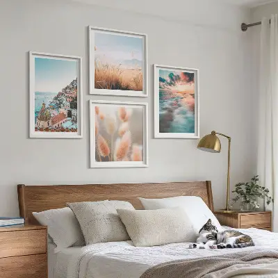 Multi-piece wall decor set featuring a sea sunset with houses and flowers