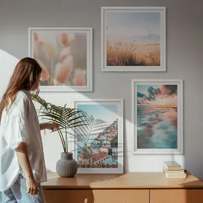 Multi-piece wall decor set featuring a sea sunset with houses and flowers