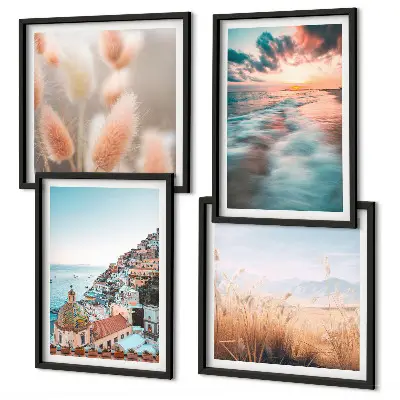 Multi-piece wall decor set featuring a sea sunset with houses and flowers