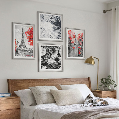 Set of 4 wall art pieces Eiffel Tower gray paintings