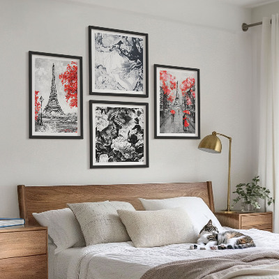 Set of 4 wall art pieces Eiffel Tower gray paintings