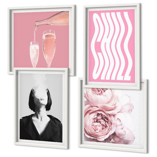 Set of 4 wall art pieces Stylish portrait with champagne