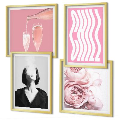 Set of 4 wall art pieces Stylish portrait with champagne