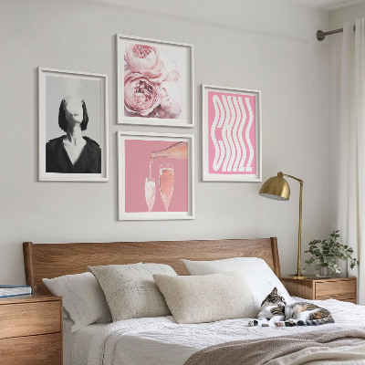 Set of 4 wall art pieces Stylish portrait with champagne