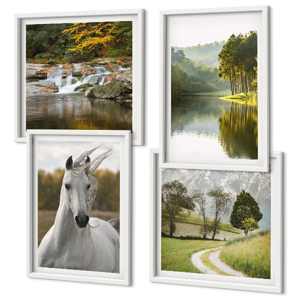 Set of 4 wall art pieces White horses river nature