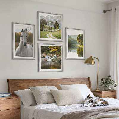 Set of 4 wall art pieces White horses river nature