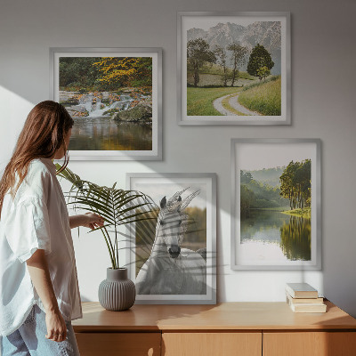 Set of 4 wall art pieces White horses river nature