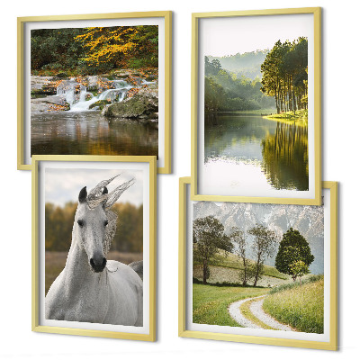 Set of 4 wall art pieces White horses river nature