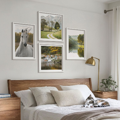 Set of 4 wall art pieces White horses river nature