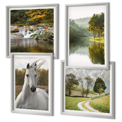 Set of 4 wall art pieces White horses river nature