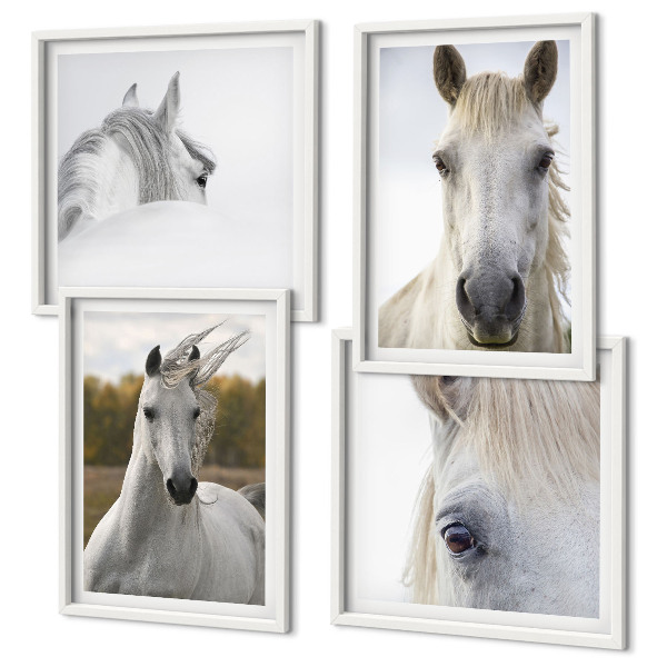 Set of 4 wall art pieces White horses