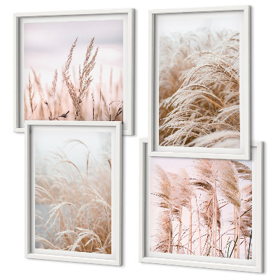 Set of 4 wall art pieces Fields of grass in shades of brown and beige