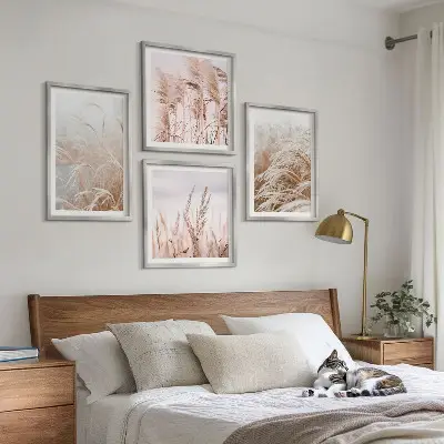 Fields of grass wall art set set of 4 pieces in shades of brown and beige