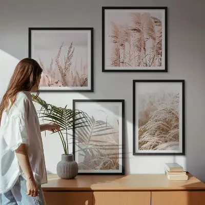 Fields of grass wall art set set of 4 pieces in shades of brown and beige