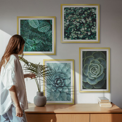 Set of 4 wall art pieces Succulents in green and turquoise