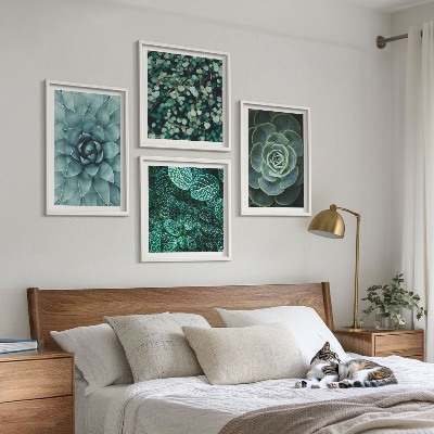 Set of 4 wall art pieces Succulents in green and turquoise