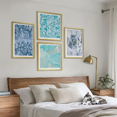 Multi-piece wall decor set featuring a winter forest and blue flower design