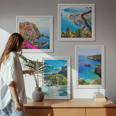 Wall art set seaside palm trees with blue water