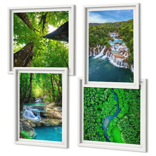 Multi-piece wall decor set featuring a green forest and waterfall landscape