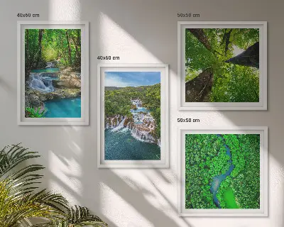 Multi-piece wall decor set featuring a green forest and waterfall landscape