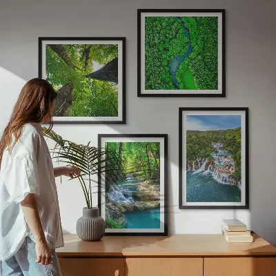 Multi-piece wall decor set featuring a green forest and waterfall landscape