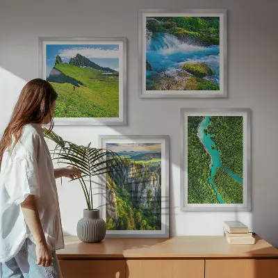 Wall art set green mountains and river rocks