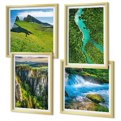 Wall art set green mountains and river rocks