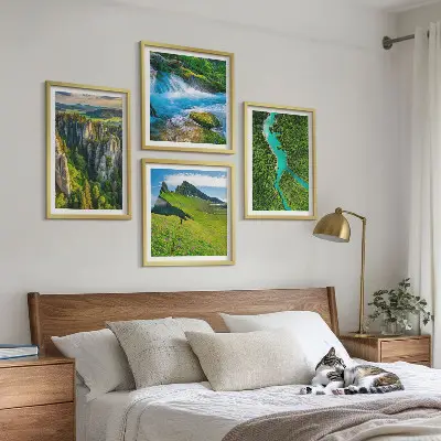 Wall art set green mountains and river rocks