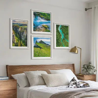 Wall art set green mountains and river rocks