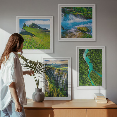 Wall art set Green mountains river rocks