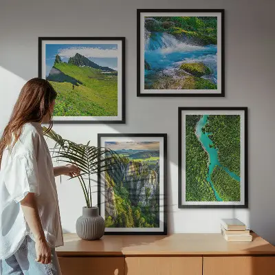 Wall art set green mountains and river rocks