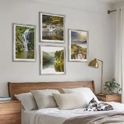 Wall art set featuring waterfalls mountains clouds and autumn scenery