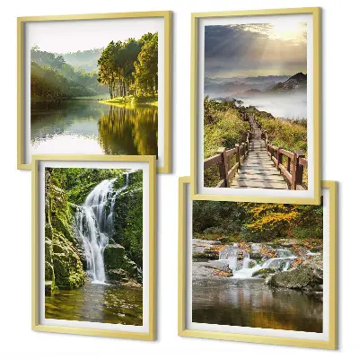 Wall art set featuring waterfalls mountains clouds and autumn scenery