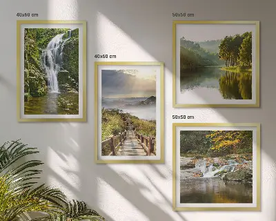 Wall art set featuring waterfalls mountains clouds and autumn scenery