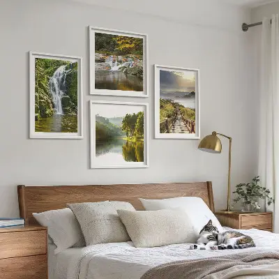 Wall art set featuring waterfalls mountains clouds and autumn scenery