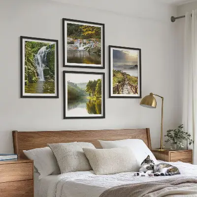 Wall art set featuring waterfalls mountains clouds and autumn scenery