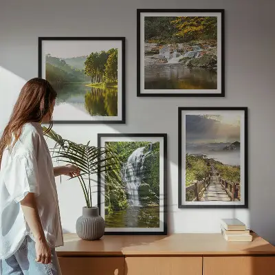 Wall art set featuring waterfalls mountains clouds and autumn scenery
