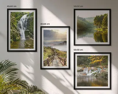 Wall art set featuring waterfalls mountains clouds and autumn scenery