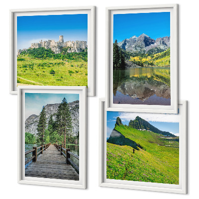 Set of 4 wall art pieces Green hills with a castle