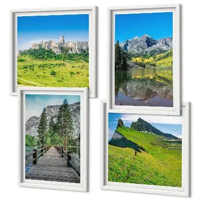 Green hills with a castle wall art set of 4 pieces