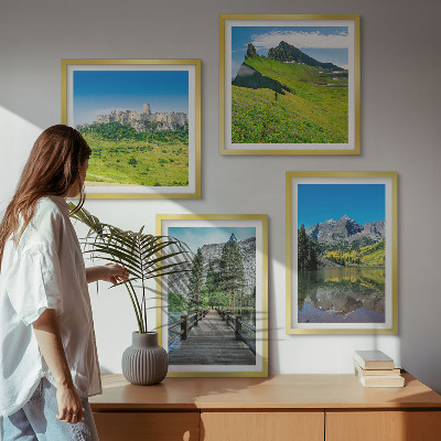 Set of 4 wall art pieces Green hills with a castle