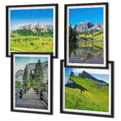 Set of 4 wall art pieces Green hills with a castle